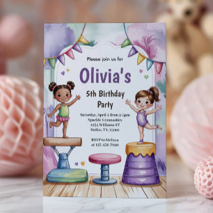 Cute Watercolor Kids Gymnastics Birthday Invitation