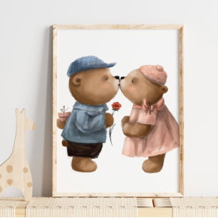Cute Watercolor Kissing Bears   Bears Wall Print