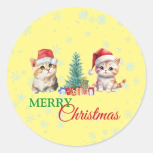 Cute Watercolor kitten cat Santa Christmas party C Classic Round Sticker
