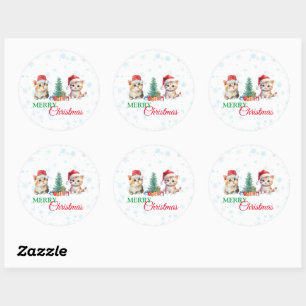 Cute Watercolor kitten cat Santa Christmas party C Classic Round Sticker
