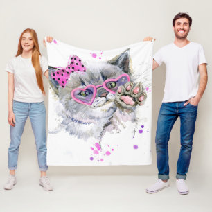 Cute Watercolor Kitten Fleece Blanket