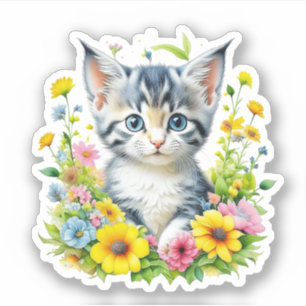Cute Watercolor Kitten in Flowers