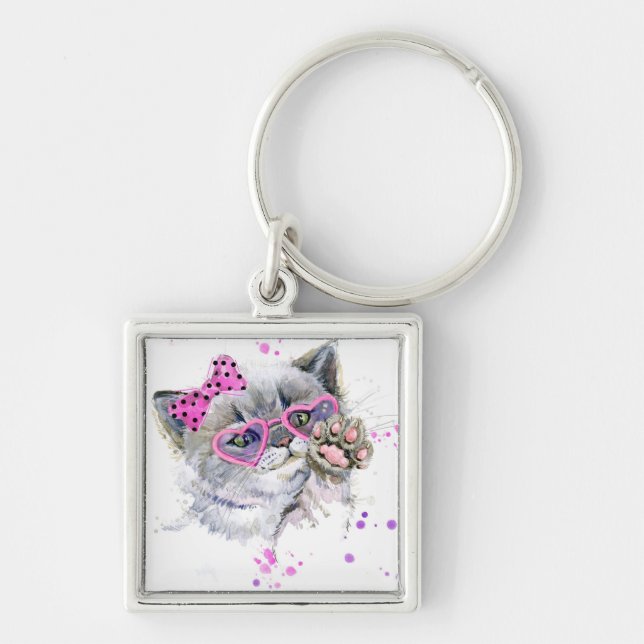 Cute Watercolor Kitten Key Ring (Front)