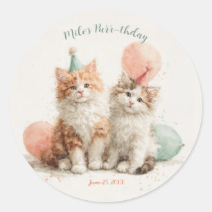 Cute Watercolor Kitten Pawty Cat Birthday Classic Round Sticker