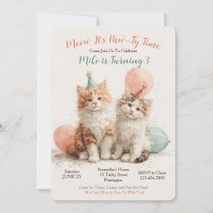 Cute Watercolor Kitten Pawty Cat Birthday Invitation