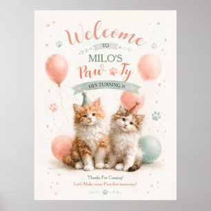 Cute Watercolor Kitten Pawty Cat Birthday Poster