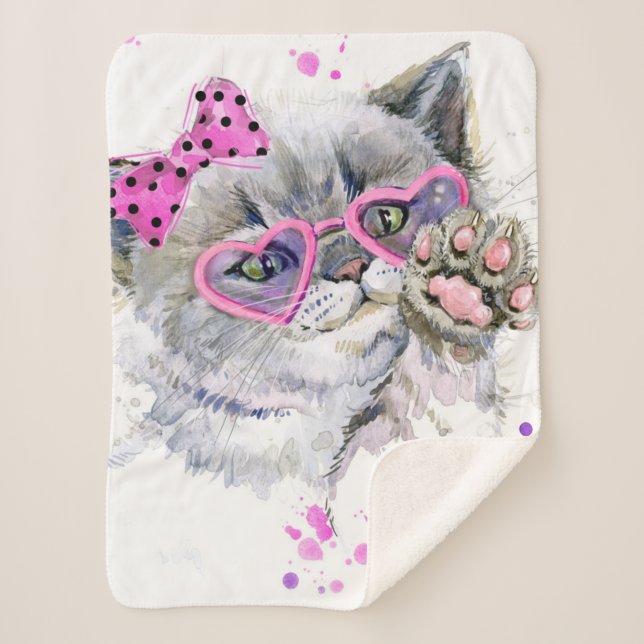 Cute Watercolor Kitten Sherpa Blanket (Front)