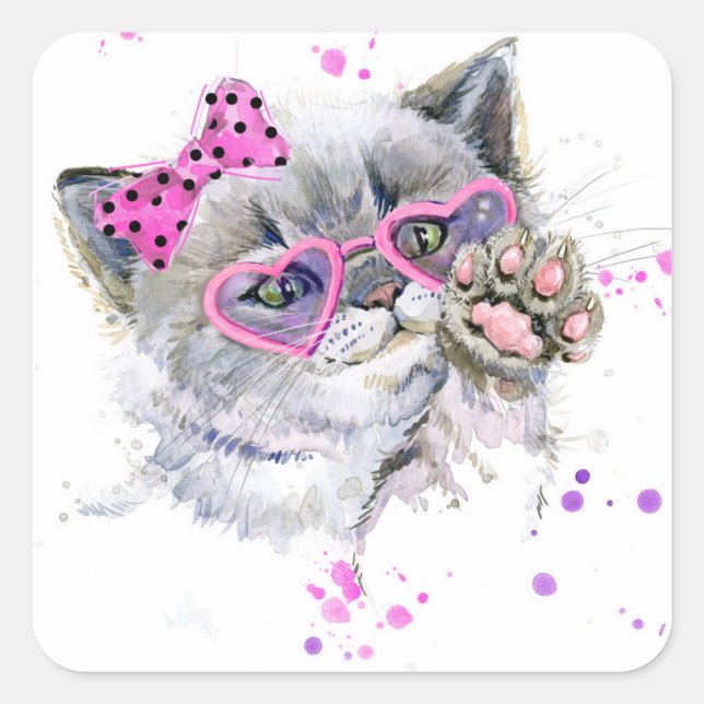 Cute Watercolor Kitten Square Sticker (Front)