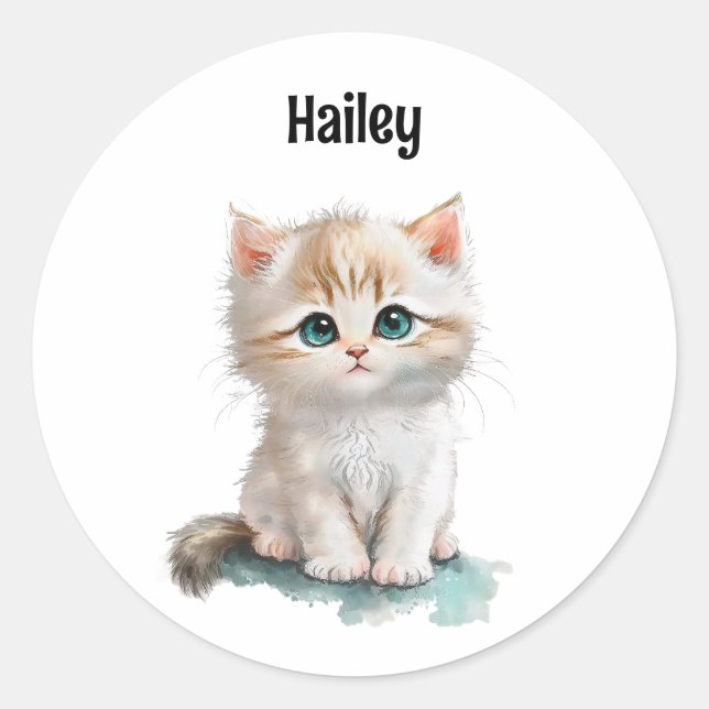 Cute Watercolor Kitten with Blue Eyes Classic Round Sticker (Front)
