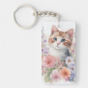 Cute Watercolor Kitten with Floral Key Ring