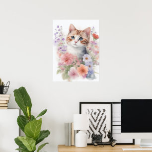 Cute Watercolor Kitten with Floral Poster
