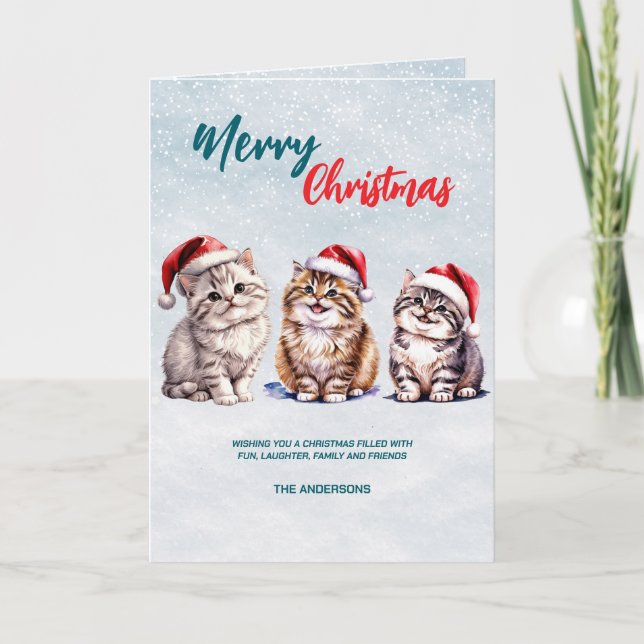 Cute watercolor kitty cat Santa  Merry Christmas  Card (Front)
