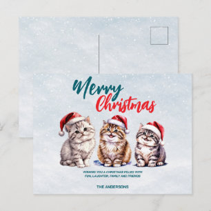 Cute watercolor kitty cat Santa  Merry Christmas  Holiday Postcard