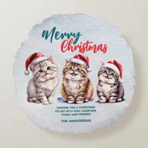 Cute watercolor kitty cat Santa  Merry Christmas  Round Cushion