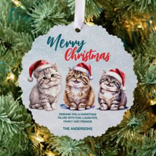 Cute watercolor kitty cat Santa  Merry Christmas  Tree Decoration Card
