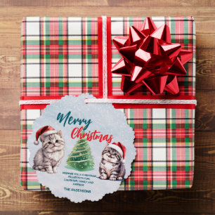 Cute watercolor kitty cat Santa Merry Christmas Tree Decoration Card