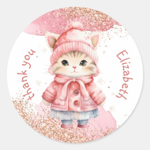 Cute Watercolor Kitty Cat Winter Coat Party Classic Round Sticker