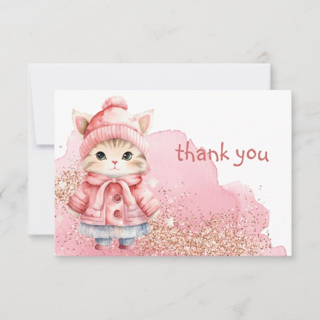 Cute Watercolor Kitty Cat Winter Coat Thank You Card (Front)