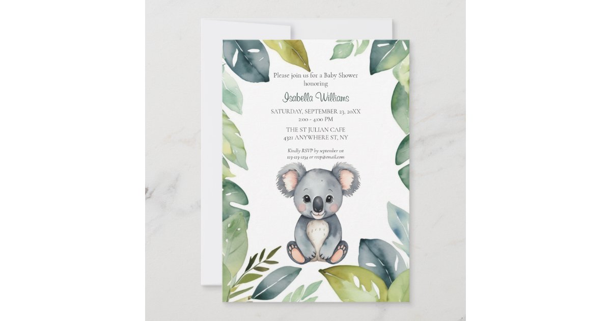 Cute Watercolor Koala Bear Baby Shower Invitation | Zazzle