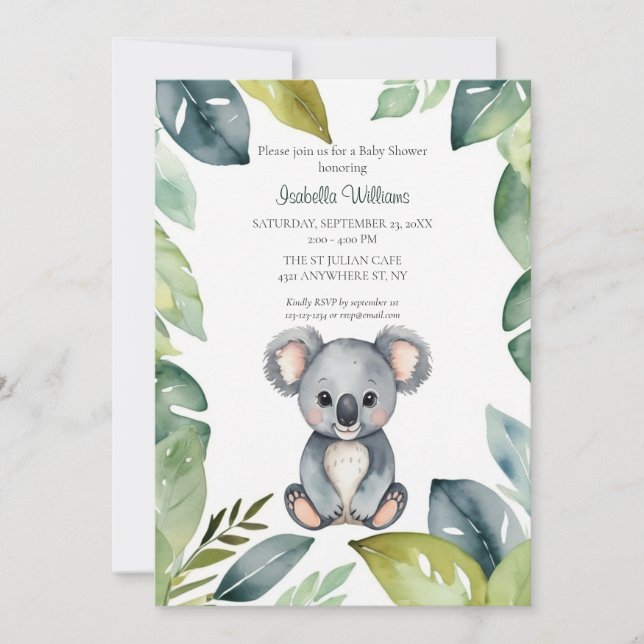 Cute Watercolor Koala Bear Baby Shower Invitation (Front)