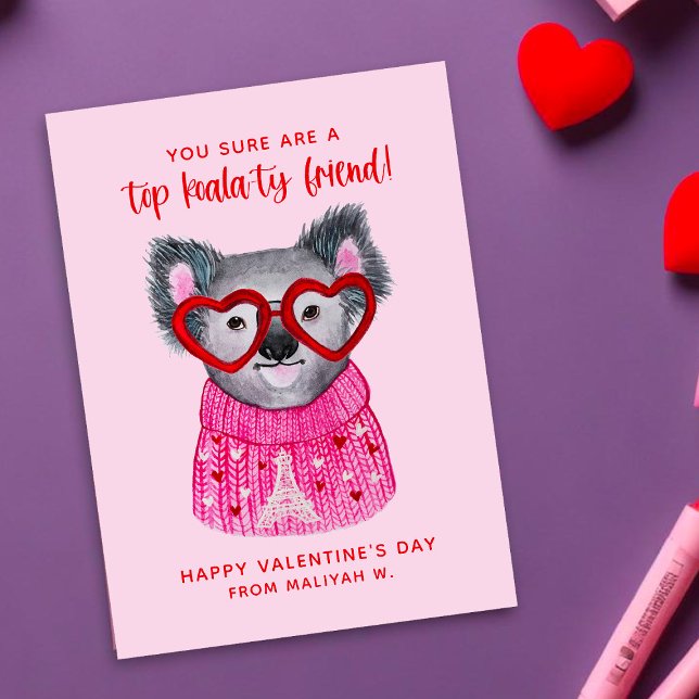 Cute Watercolor Koala Kids Classroom Valentines Card (Creator Uploaded)