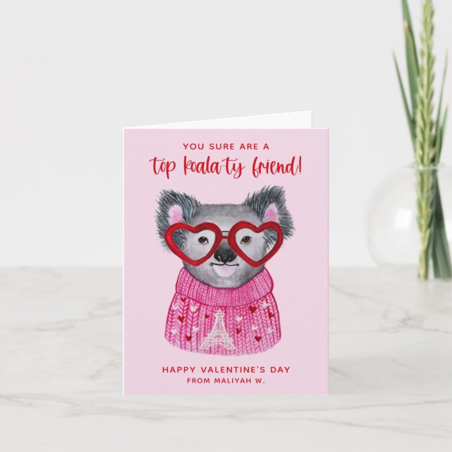 Cute Watercolor Koala Kids Valentine's Day Card (Front)