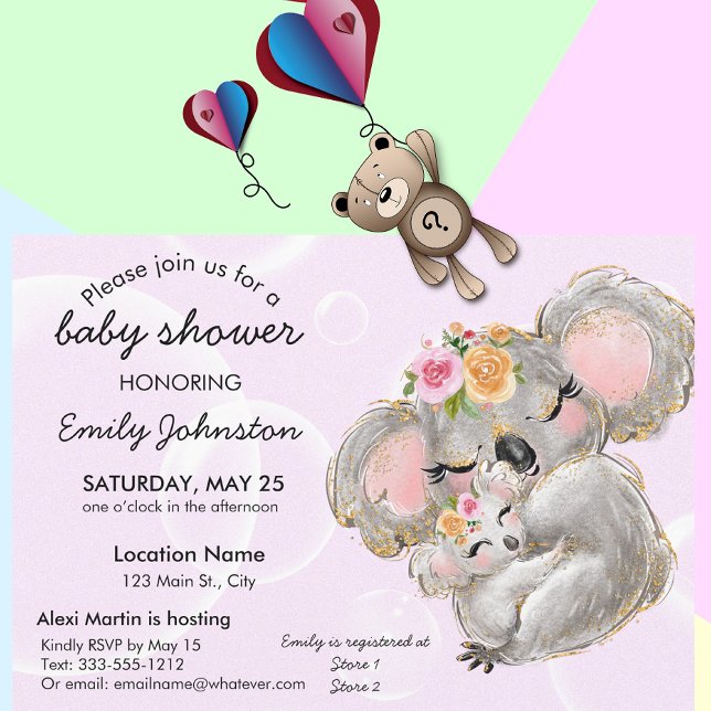 Cute Watercolor Koala Pink Baby Shower Invite (Creator Uploaded)