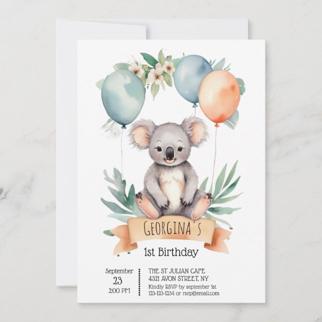Cute Watercolor Koala with Birthday Balloons  Invitation (Front)