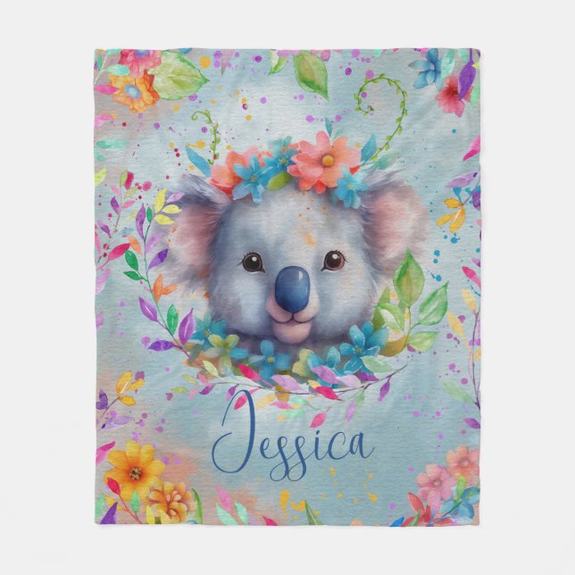 Cute Watercolor Koala with flowers  Fleece Blanket (Front)