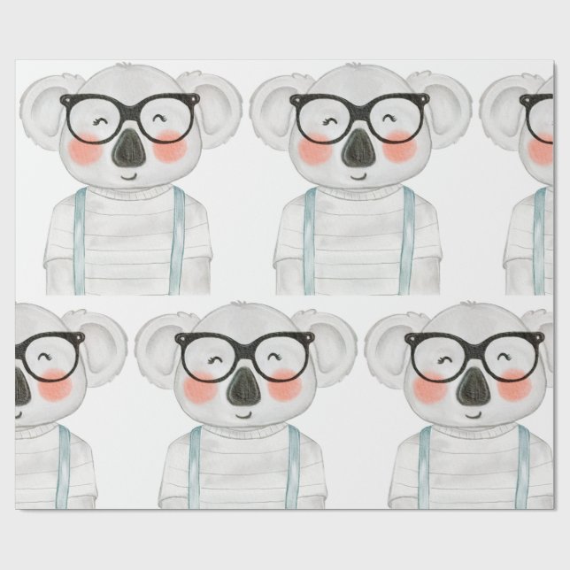 Cute Watercolor Koala with Glasses Wrapping Paper (Flat)