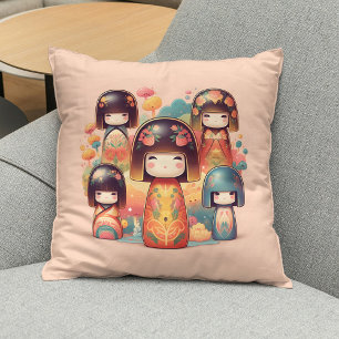 Cute Watercolor Kokeshi Dolls Blush Cushion