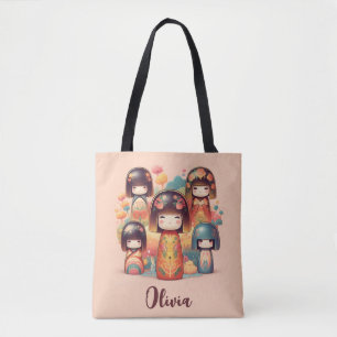 Cute Watercolor Kokeshi Dolls Blush Tote Bag