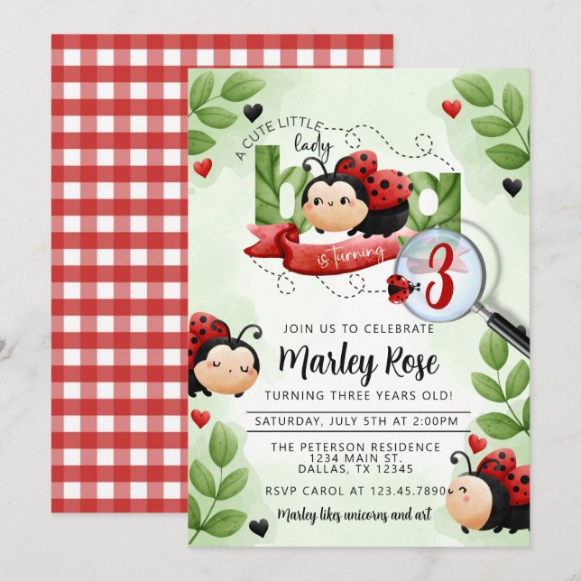 Cute Watercolor Ladybug Beetle Birthday Party Invitation (Front/Back)