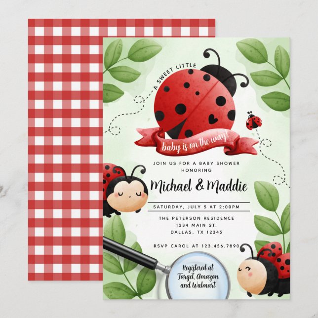Cute Watercolor Ladybug Beetle Insect Baby Shower Invitation (Front/Back)