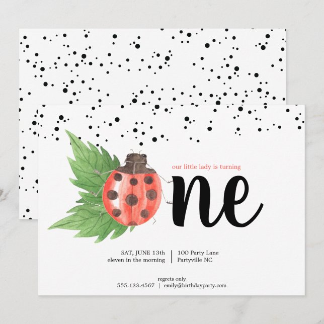 Cute Watercolor Ladybug First Birthday Invitation (Front/Back)