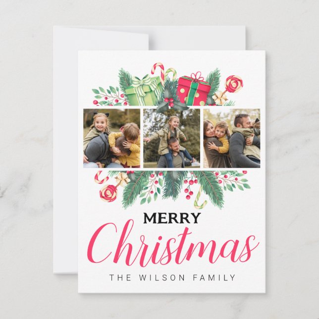 Cute Watercolor Leaves Merry Christmas Family Pics Holiday Card (Front)