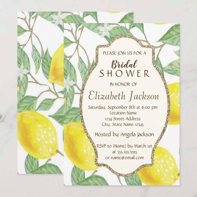 Cute Watercolor Lemons, Gold Glitter Frame Invitation (Front/Back)