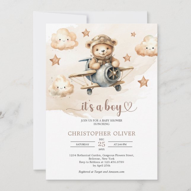Cute watercolor light brown hues teddy bear pilot invitation (Front)