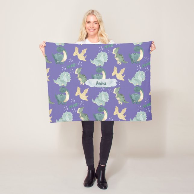 Cute Watercolor Light Purple Dinosaur Fleece Blanket (In Situ)