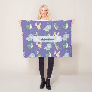 Cute Watercolor Light Purple Dinosaur Horizontal Fleece Blanket