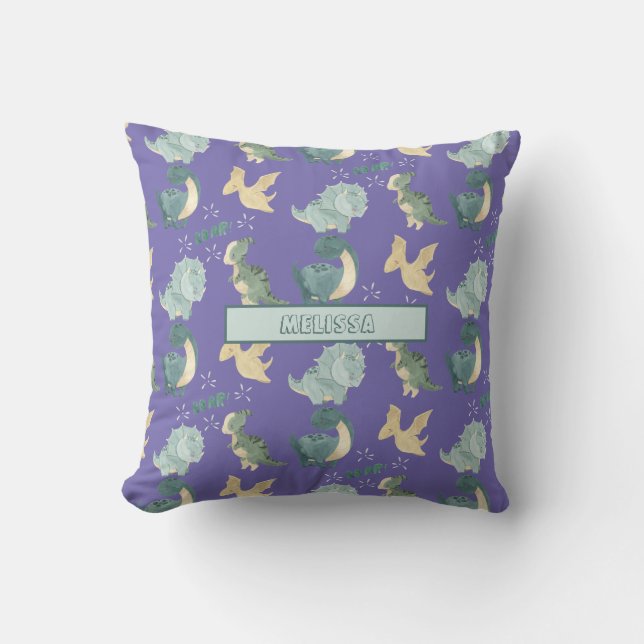 Cute Watercolor Light Purple Dinosaur Pattern Cushion (Front)