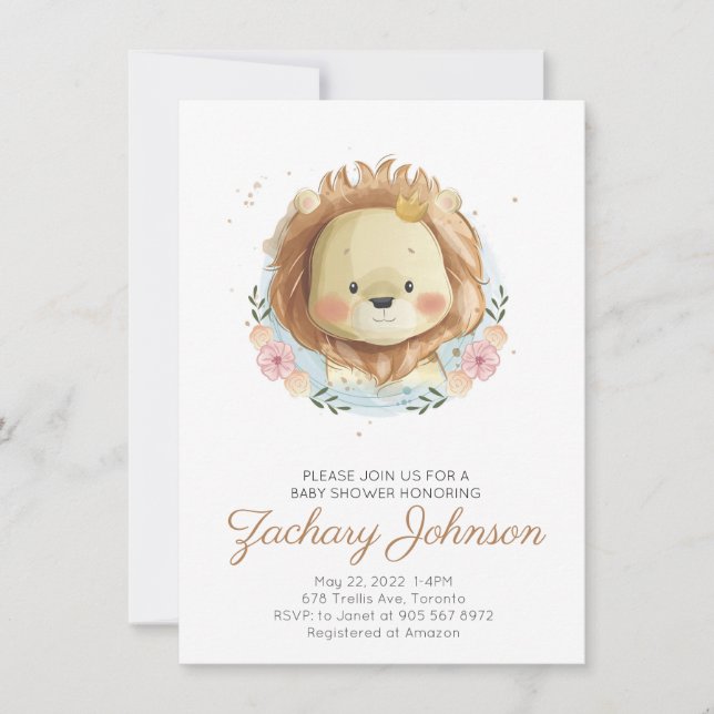 Cute Watercolor Lion Baby Shower Invitation (Front)
