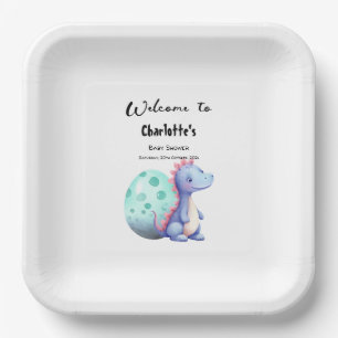 Cute Watercolor Little Dinosaur Baby Shower Paper Plate