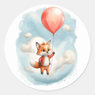Cute Watercolor Little Fox Big Red Balloon  Classic Round Sticker