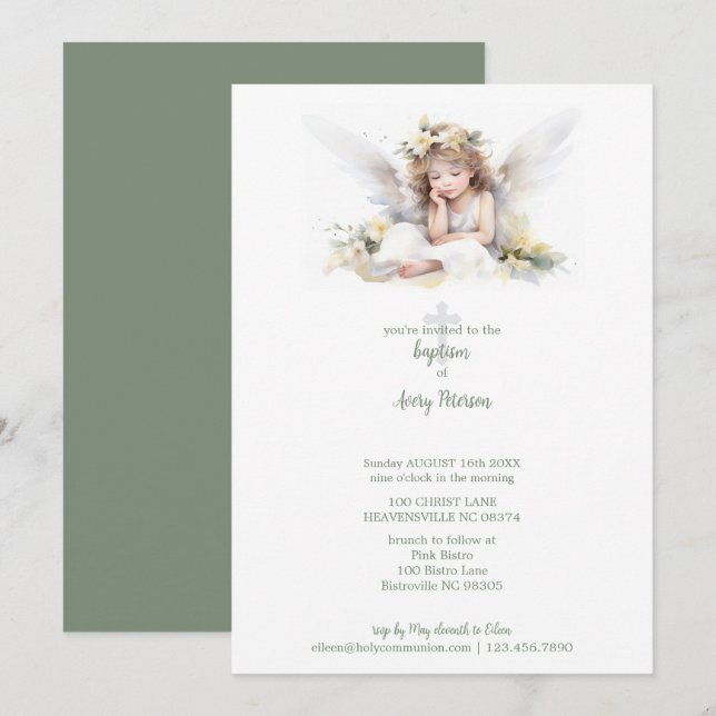 Cute Watercolor Little Girl Angel Cross Baptism Invitation (Front/Back)