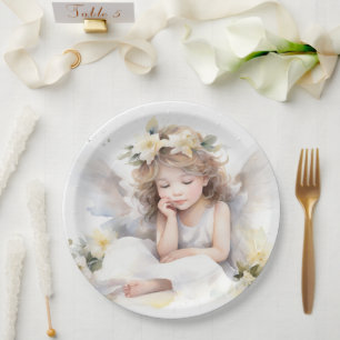Cute Watercolor Little Girl Angel Religious Paper Plate