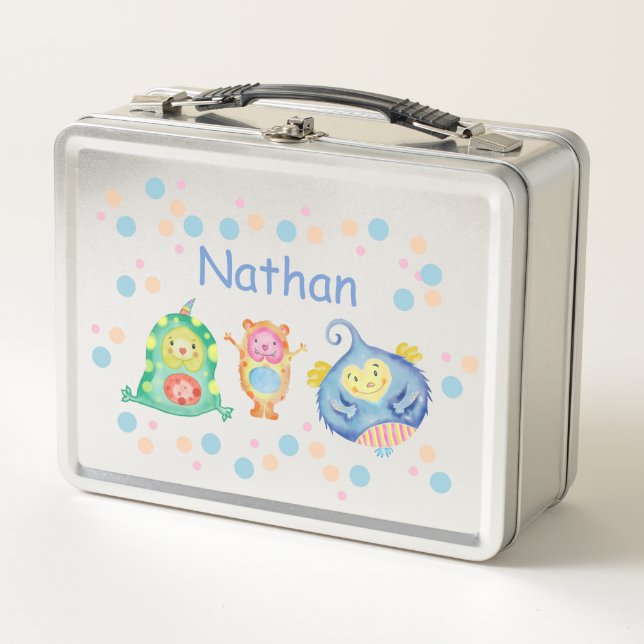 Cute Watercolor Little Monsters Personalised Metal Lunch Box (Front)