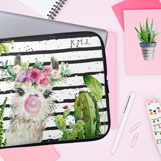 Cute Watercolor Llama | Floral Cactus & Stripes Laptop Sleeve (Creator Uploaded)