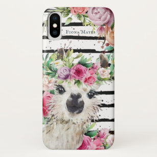 Cute Watercolor Llama   Floral & Stripes Monogram Case-Mate iPhone Case