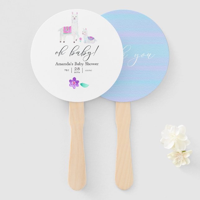 Cute Watercolor Llama themed Baby Shower Hand Fan (Front and Back)